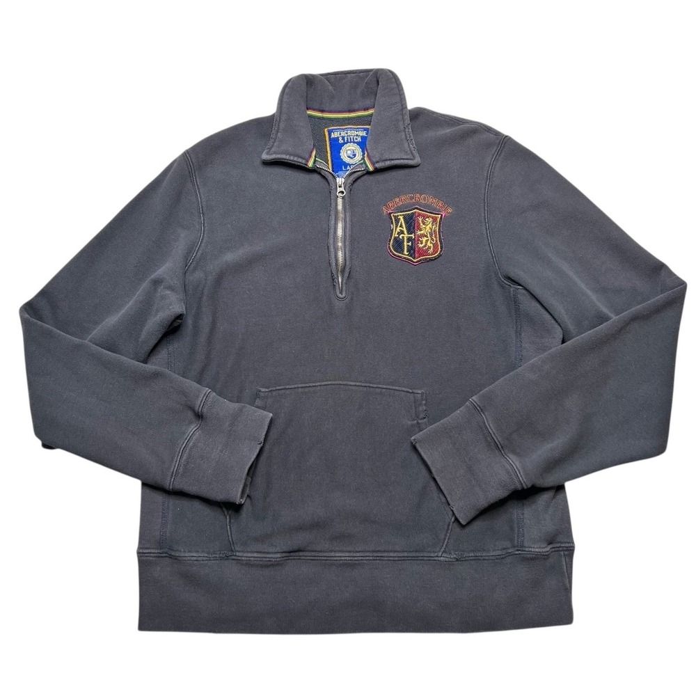 Abercrombie & Fitch Quarter Zip Mens Large Gray Vintage Y2K Crest‎ Sweatshirt